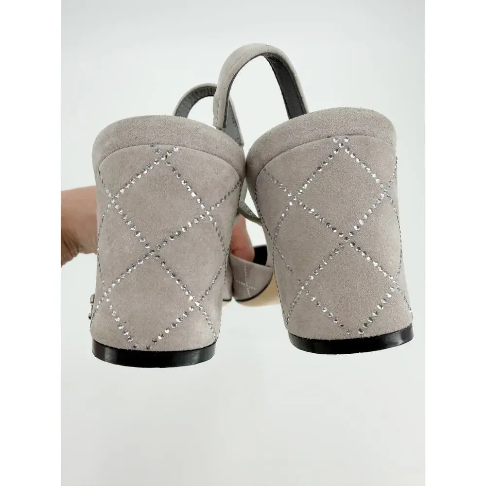 Chanel Quilted Suede Slingback Gray Crystal CC Logo Pumps Heels Size 43 EU 12